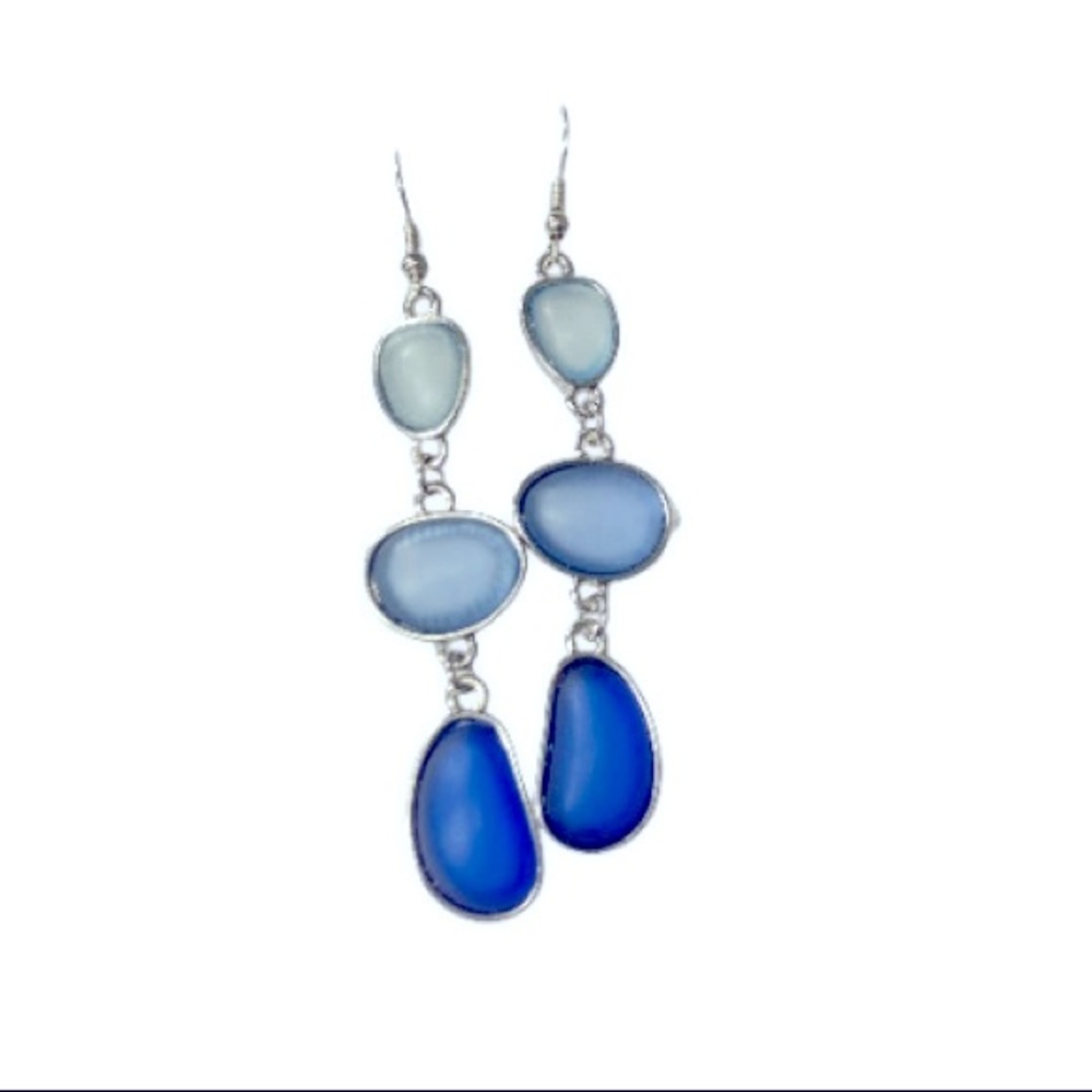 Stain glass Wire dangle Earrings blue Triple Drop silver tone